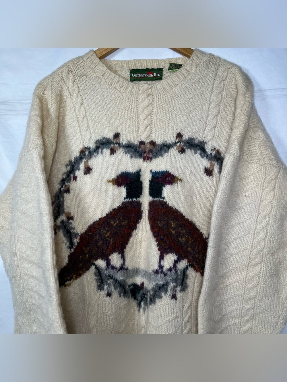 Vintage Outback Red Cream Pheasant Bird 100% Wool Cable Knit Sweater Size M - Picture 2 of 7